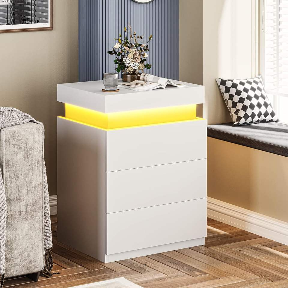 Nightstand with Charging Station and LED Lights,Night Stand with Sliding Top for Bedroom,Bedside Table with Drawers