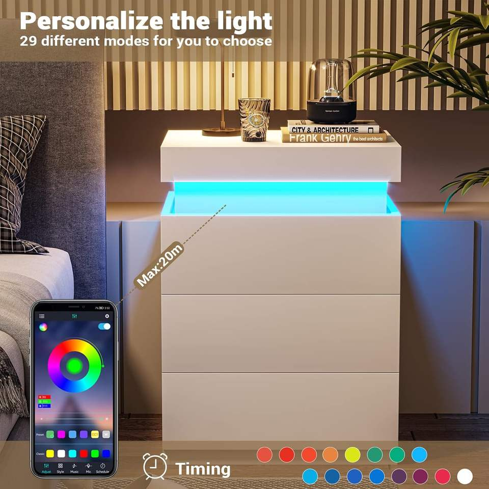 Nightstand with Charging Station and LED Lights,Night Stand with Sliding Top for Bedroom,Bedside Table with Drawers