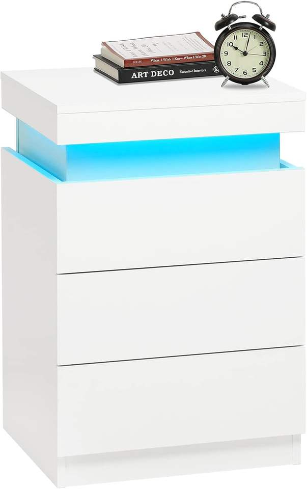 Nightstand with Charging Station and LED Lights,Night Stand with Sliding Top for Bedroom,Bedside Table with Drawers