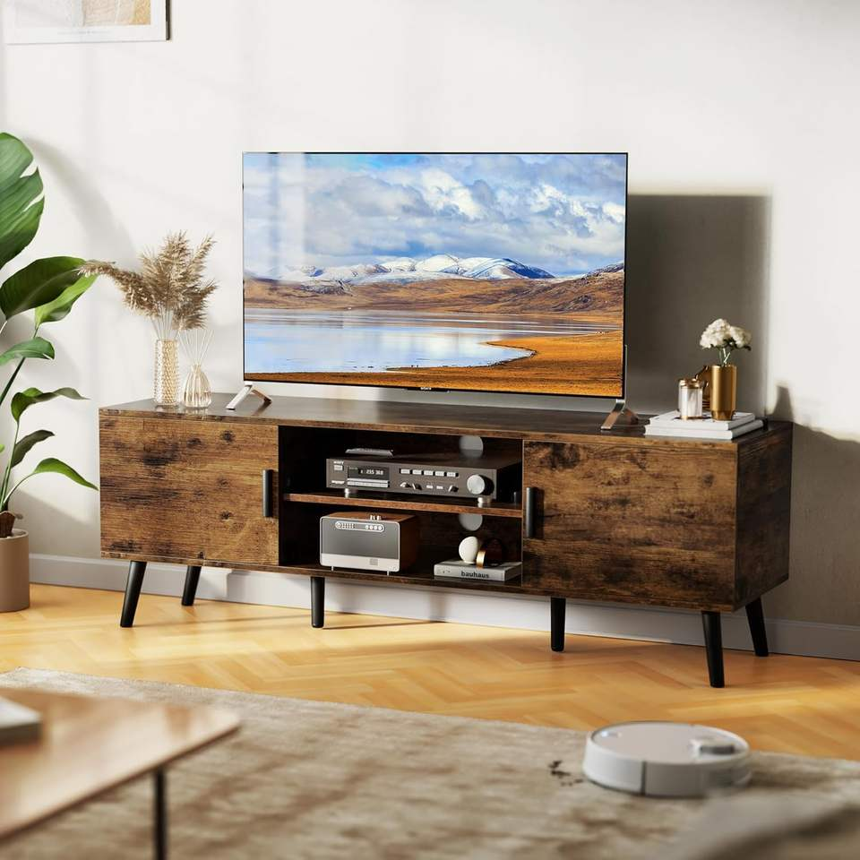 TV Stand, Entertainment Center with Adjustable Shelf, 2 Cabinets, TV Console Table, Media Console, Solid Wood Feet, Cord Holes