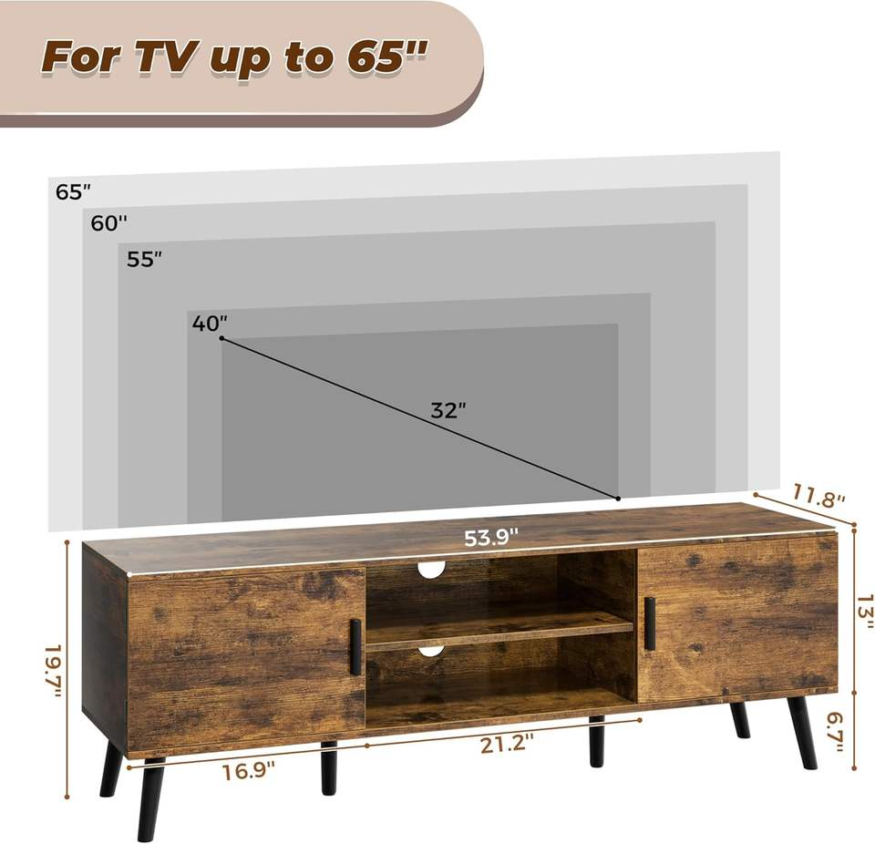 TV Stand, Entertainment Center with Adjustable Shelf, 2 Cabinets, TV Console Table, Media Console, Solid Wood Feet, Cord Holes