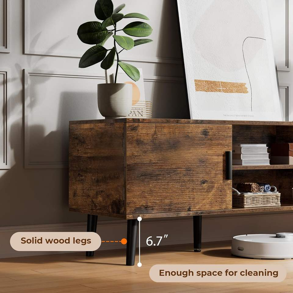 TV Stand, Entertainment Center with Adjustable Shelf, 2 Cabinets, TV Console Table, Media Console, Solid Wood Feet, Cord Holes