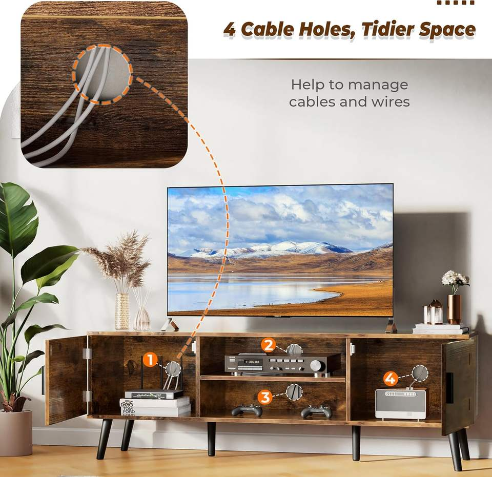 TV Stand, Entertainment Center with Adjustable Shelf, 2 Cabinets, TV Console Table, Media Console, Solid Wood Feet, Cord Holes