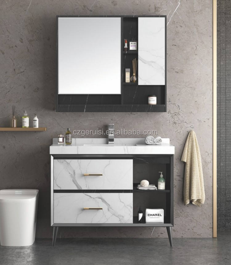 Floor Standing Plywood Bathroom Vanity Cabinet with Modern Design Ceramic One-piece Basin Mirror Cabinet Hotel Application