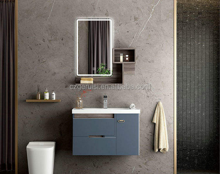 Modern Style Small Wall Hanging Bathroom Vanity PVC Case with Ceramic Sink and LED Mirror for Hotels