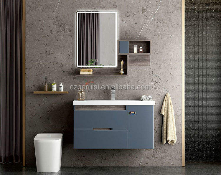 Modern Style Small Wall Hanging Bathroom Vanity PVC Case with Ceramic Sink and LED Mirror for Hotels