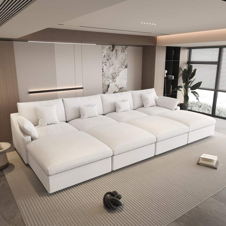 VOXHOME Modern Furniture Chenille Linen Mix Fabric Living Room 3 4 5 6 7 Seater Cloud White Modular Sectional Couch Sofa Set