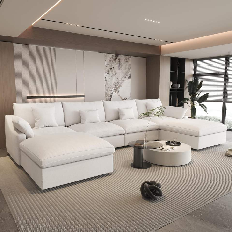 VOXHOME Modern Furniture Chenille Linen Mix Fabric Living Room 3 4 5 6 7 Seater Cloud White Modular Sectional Couch Sofa Set
