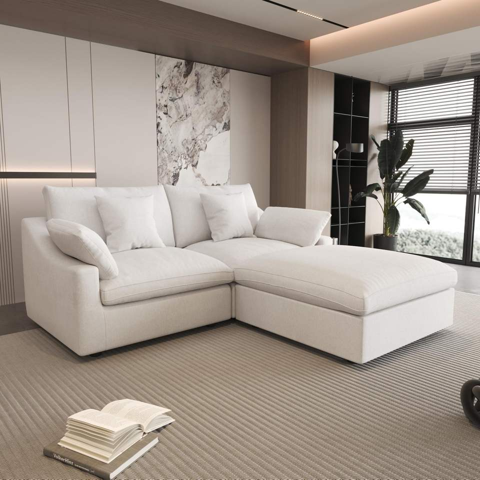 VOXHOME Modern Furniture Chenille Linen Mix Fabric Living Room 3 4 5 6 7 Seater Cloud White Modular Sectional Couch Sofa Set