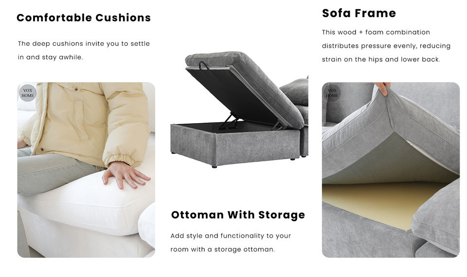 VOXHOME Modern Furniture Chenille Linen Mix Fabric Living Room 3 4 5 6 7 Seater Cloud White Modular Sectional Couch Sofa Set