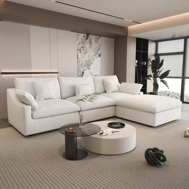 VOXHOME Modern Furniture Chenille Linen Mix Fabric Living Room 3 4 5 6 7 Seater Cloud White Modular Sectional Couch Sofa Set