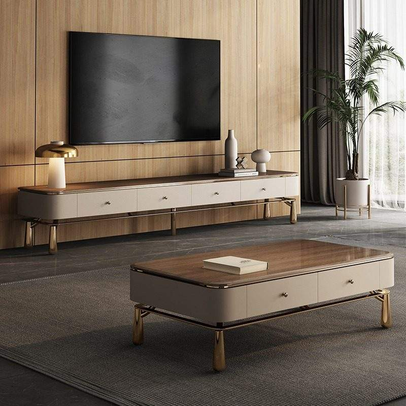 Italian Style Light Luxury Solid Wood TV Cabinet Coffee Table Combination Storage for Small Apartment Living Room Modern Design