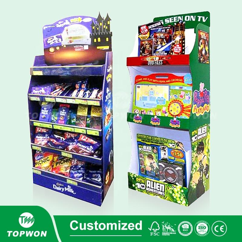 High Quality Supermarket Retail Display Rack Cardboard Pop Floor Display Stand Game Card Cartoon Toy Display Stand