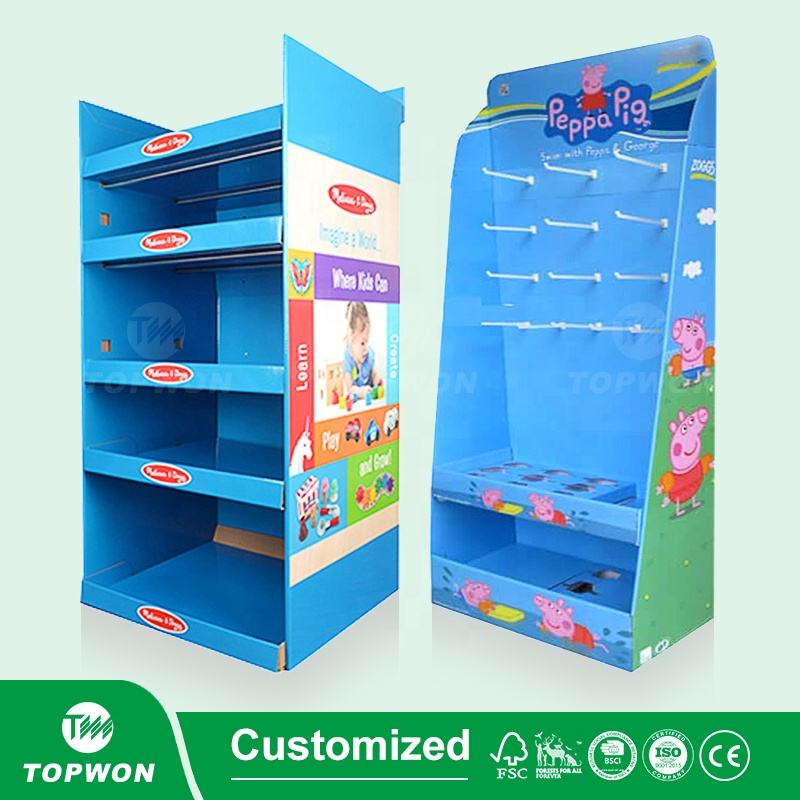 High Quality Supermarket Retail Display Rack Cardboard Pop Floor Display Stand Game Card Cartoon Toy Display Stand