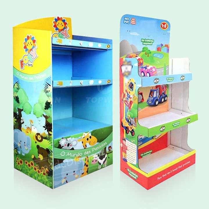 High Quality Supermarket Retail Display Rack Cardboard Pop Floor Display Stand Game Card Cartoon Toy Display Stand